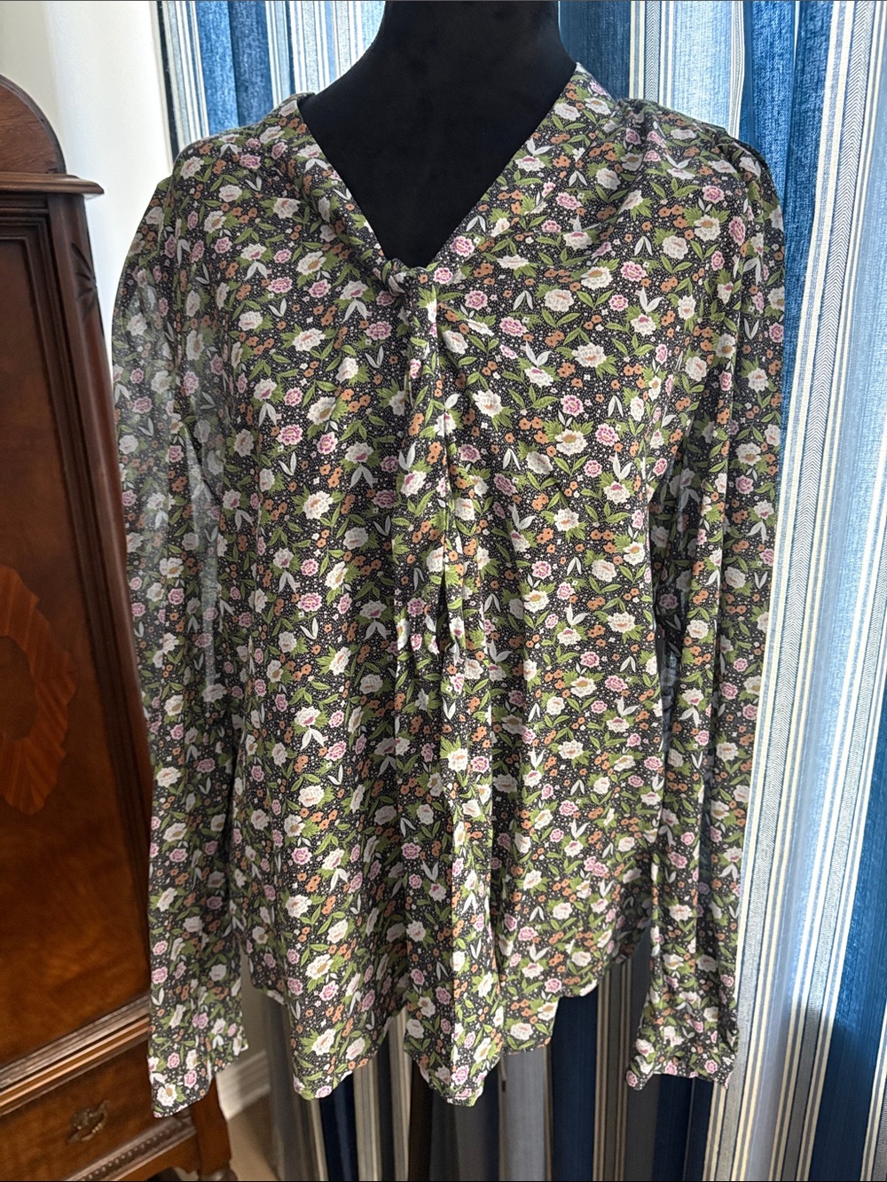 Joie Floral V-Neck Long Sleeve Blouse in Olive and Pink
